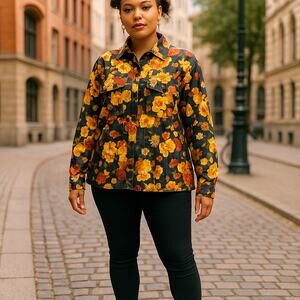 Roses Floral Blouse Medium Career top Sheen Button down Top
